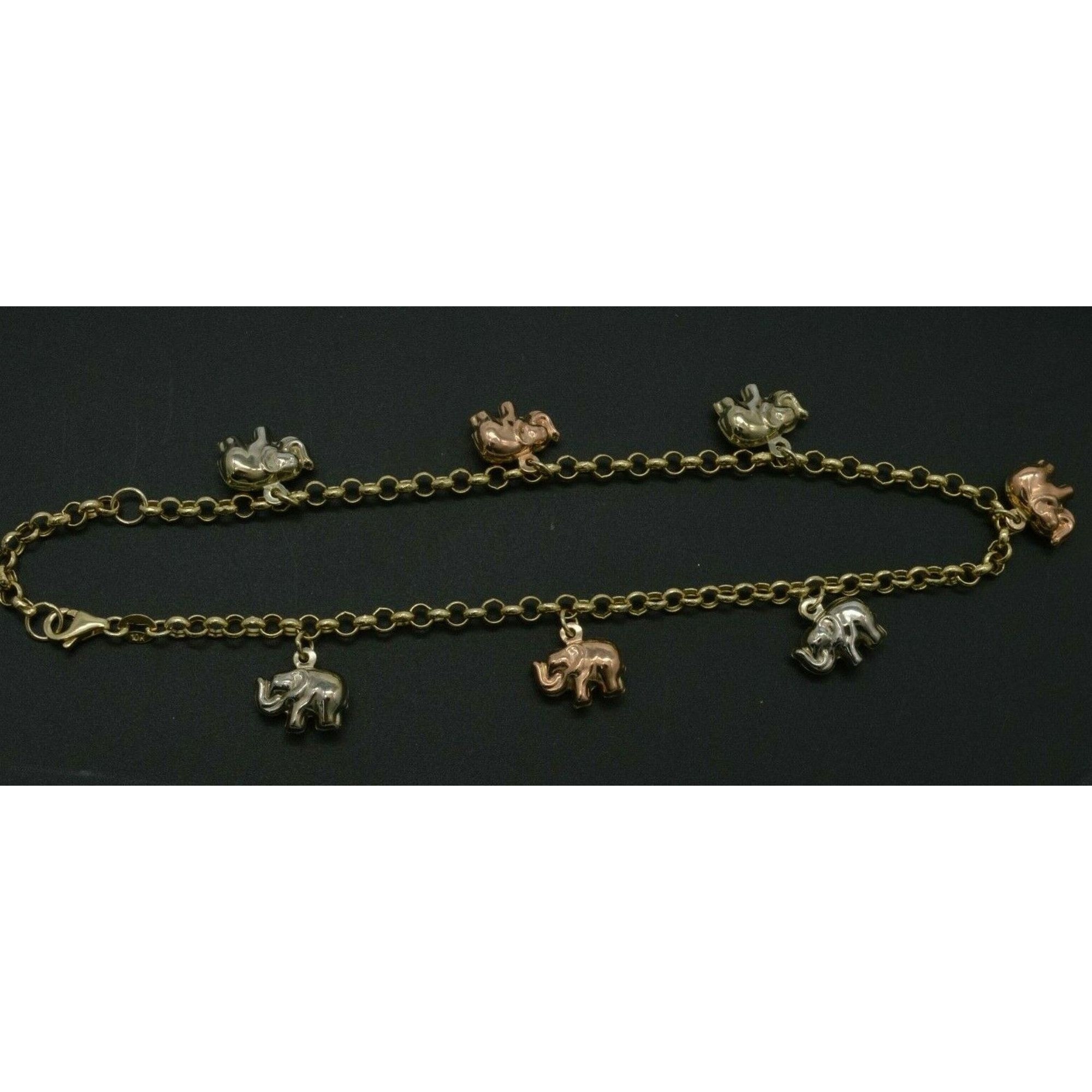 Real 10k Multicolor Gold Rolo Link Lucky Elephant Ankle Bracelet 9-10